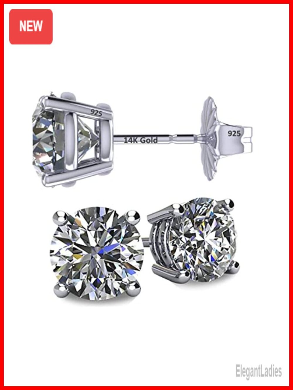 14K Solid Gold Post Stud Earrings with Swarovski Zirconia for Sensitive Ears